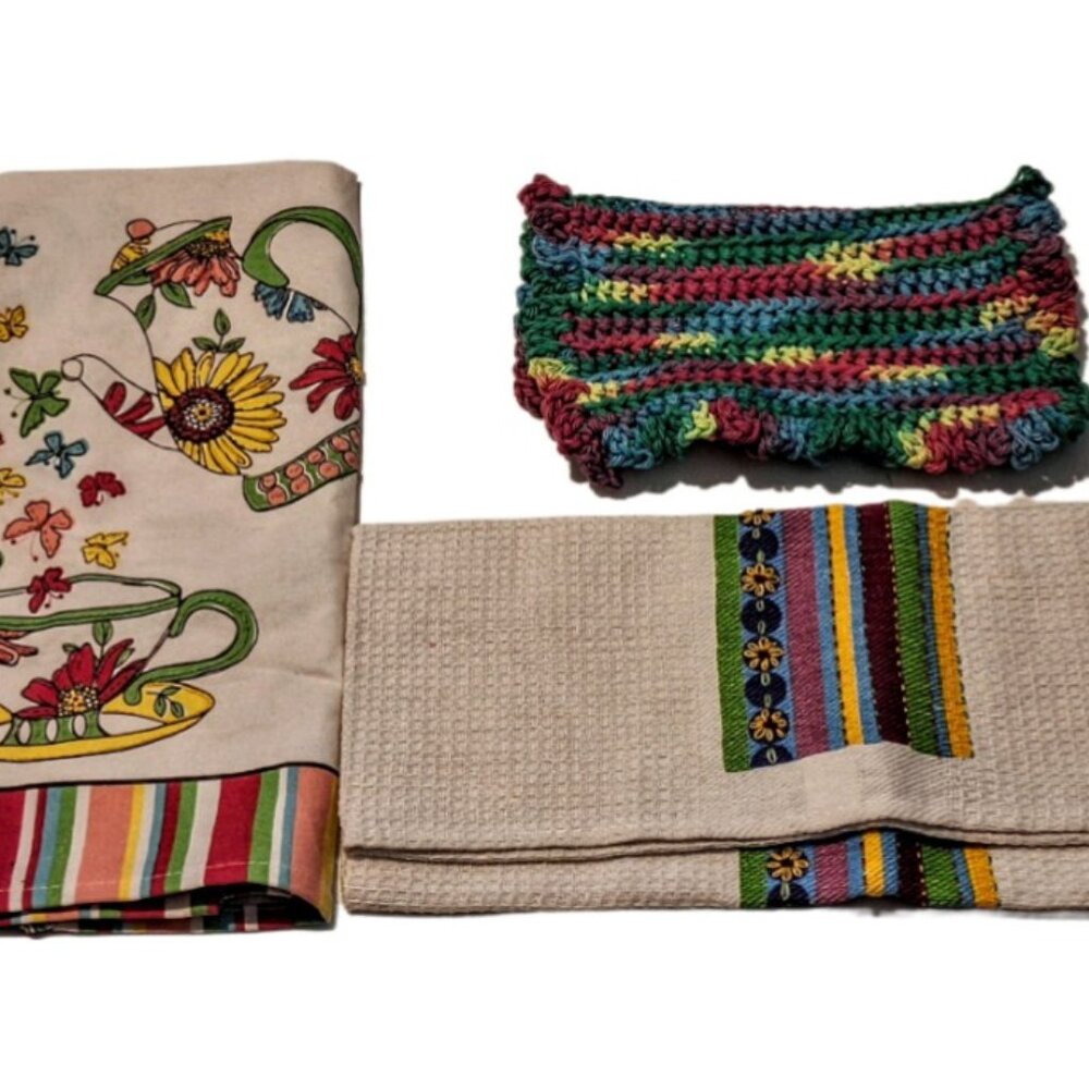 2 Hand Embroidered Embellished Tea Towels & One Crocheted Coordinated Dish Cloth
